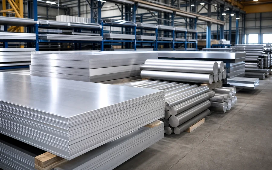 Aluminium sheets plates and rods in a warehouse